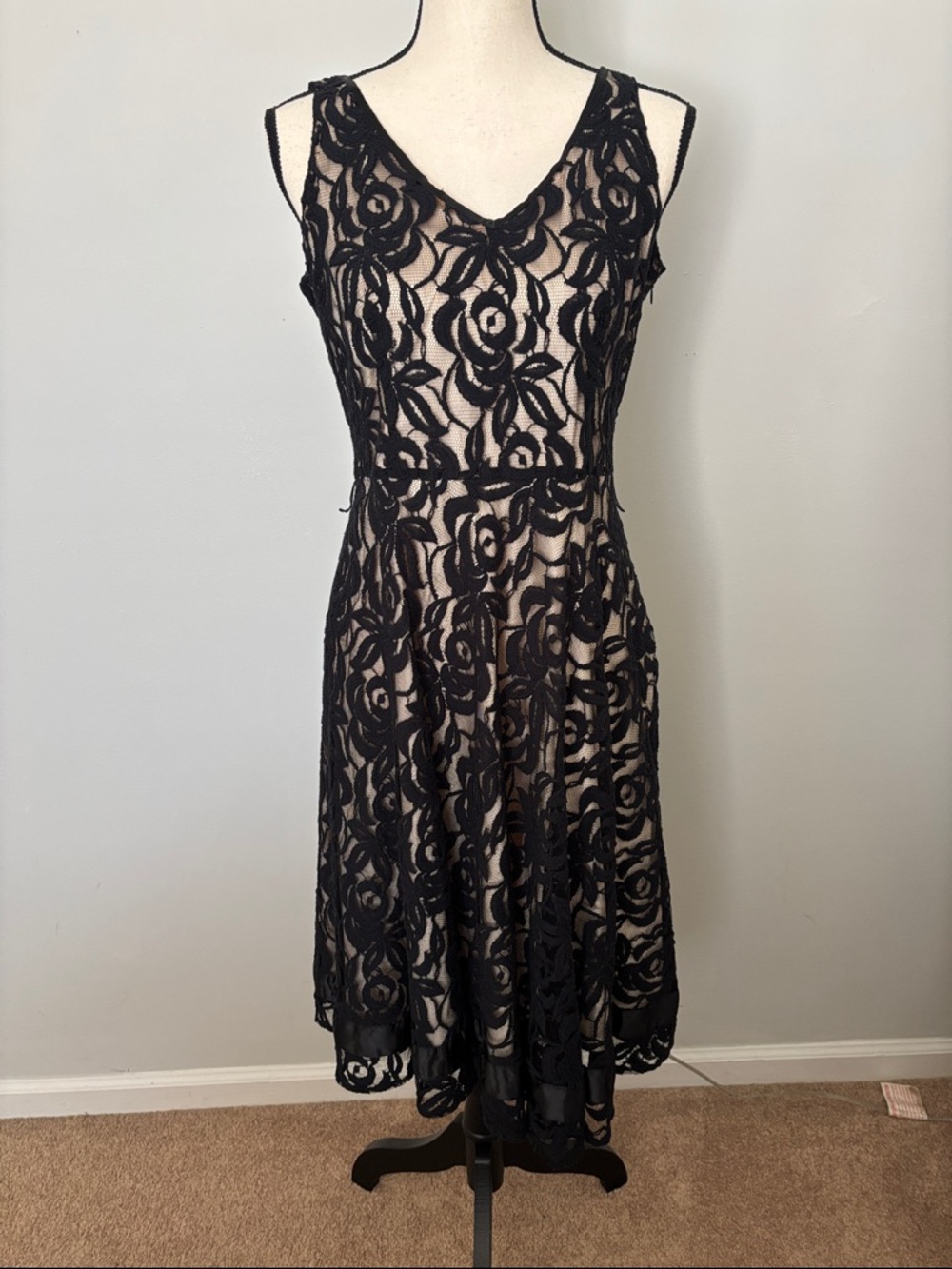 Tahari Black Lace Overlay V-Neck Women's Dress